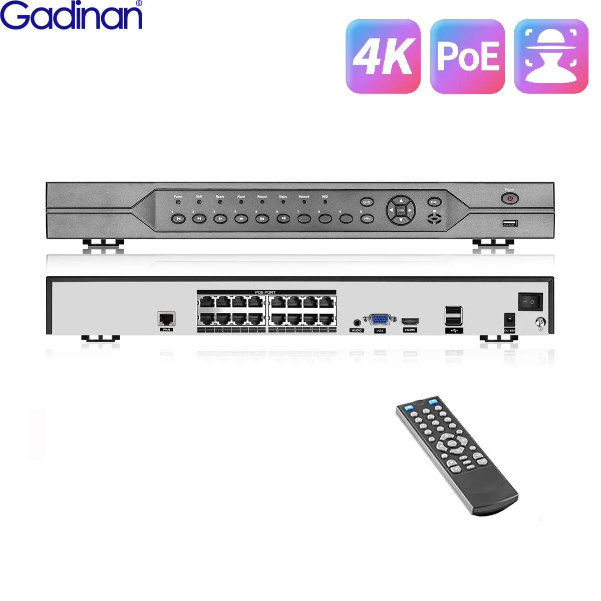 Gadinan 4K 16CH AI Face Detection 8MP IP Camera Surveillance 5MP POE Network Video Recorder 4T H.265+ CCTV System G711A XMEye