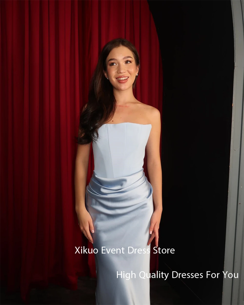 Xikuo moderno azul cetim feminino vestidos de noite sem alças longos vestidos de fiesta elegante sereia vestidos de festa de baile personalizados