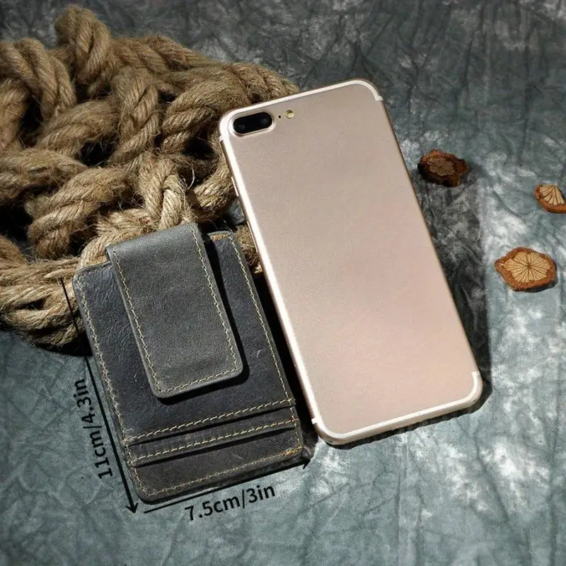 1 Stück Mad Horse Leder-Geldbörse für Herren, Praktische Multikarten-Geldbörse in Kaffeebraun mit Schwarzem Geldclip und Magnetverschluss – Detail 2