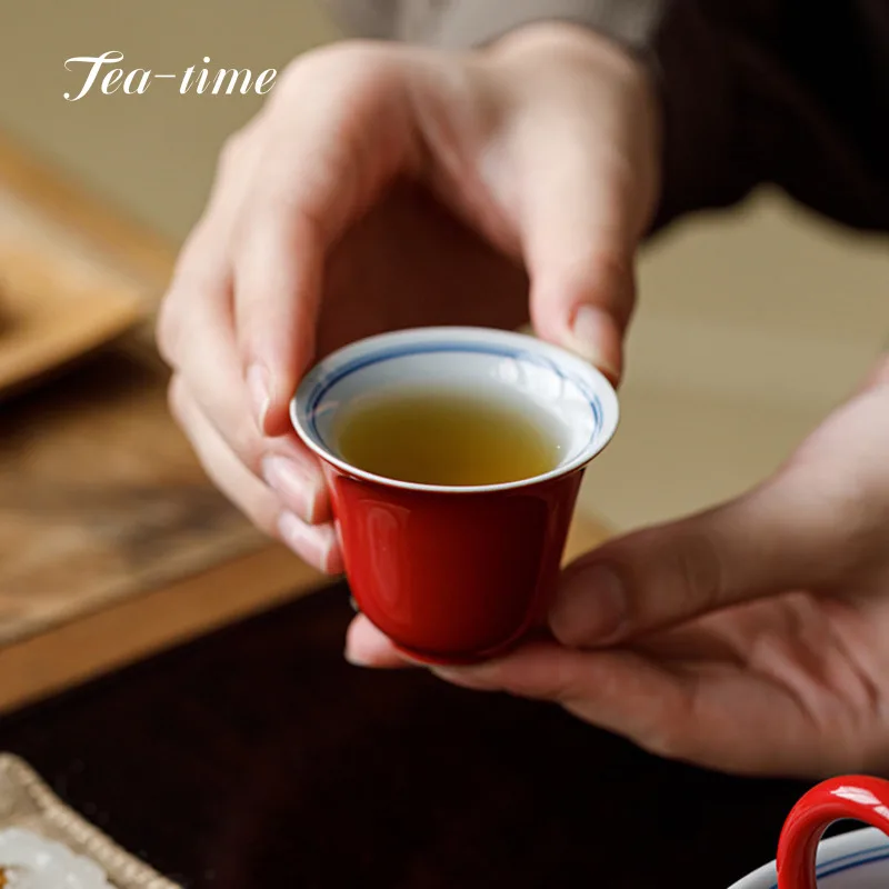 Hand Painted Slanted Mouth Ceramic Tea Cup Chinese Cups Forbidden City Red Teacups Porcelain Maker Puer Puera Beautiful Bowl