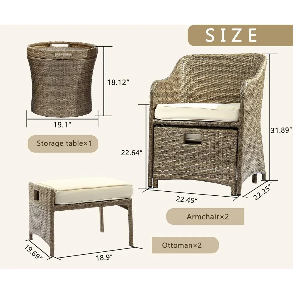 Outdoor Patio Wicker 5-Piece Furniture Set, No Assembly Required All-Weather Rattan Conversation Bistro & Storage Table (Beige)