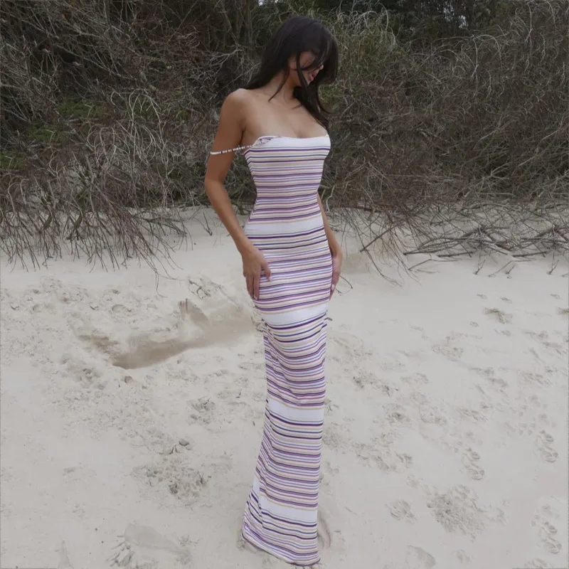 

Color Blocking Striped Spicy Girl Strapless Suspender Long Dress Summer High-end Slim Fit Hip Hugging Dress Fashion Women Skirt