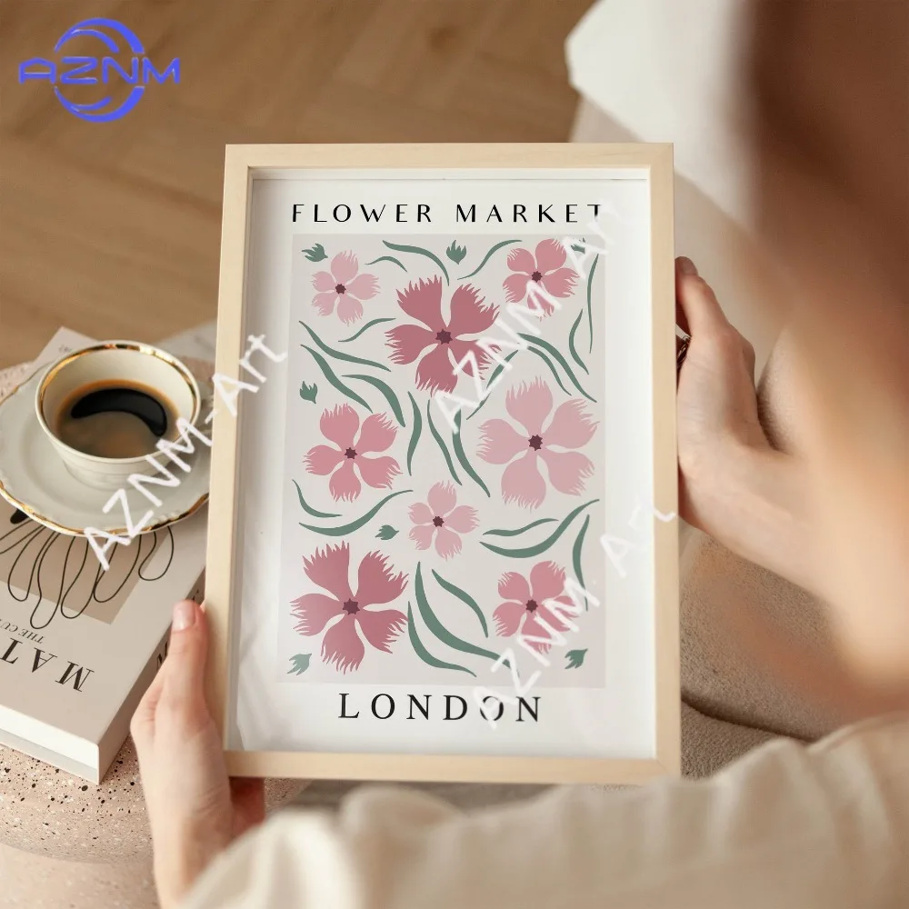 1Pc/3Pcs Pink, fresh and light, watercolor style, flower market, living room, bedroom, poster, canvas, decorative painting view 4