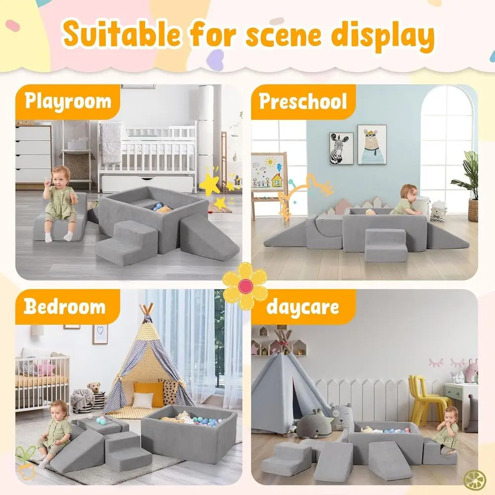 6-częściowy zestaw piankowych klocków do wspinaczki dla maluchów z basenkiem z kulkami, miękki zestaw do zabawy w pomieszczeniach dla dzieci w wieku 1-3 lat, zmywalna struktura modułowa (kulki nie są dołączone)