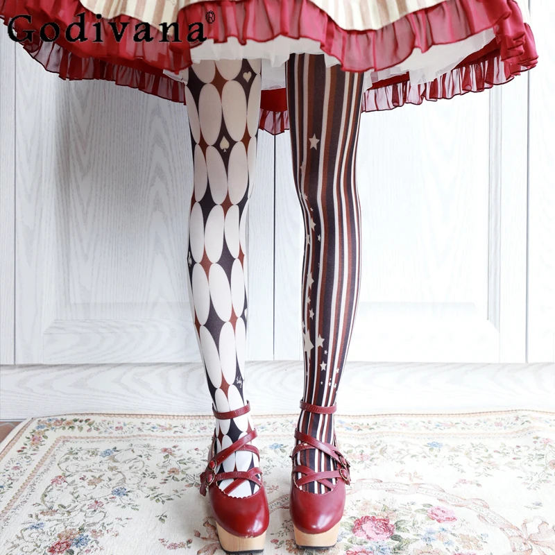 

Japanese Original Girly Sweet Y2k Printed Striped Lolita Pantyhose 2024 Summer New Fashion Tights Women Sexy Elegant Stockings