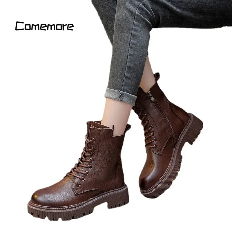 Comemore Boots Fashion Goth Shoe Woman Casual Autumn Leather Female Ankle Boot Platform Women\'s Footwear Women Shoes for Winter