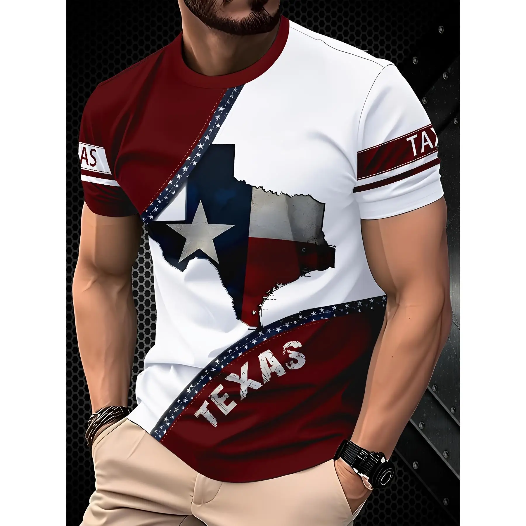 

1pc Men'S Casual Novelty T-Shirt,Texas Flag Print,Crew Neck,Polyester Knit Fabric with Slight Stretch,Regular Fit