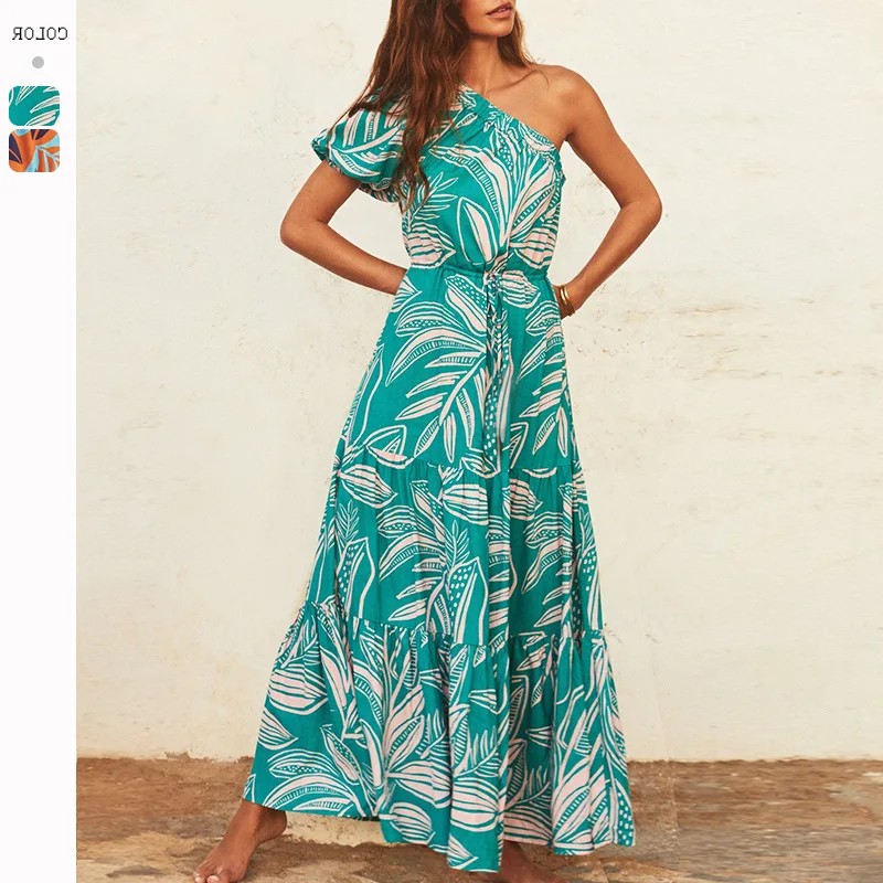 

Женское платье с цветочным принтом, платье для отпуска с косым плечом, весна-лето