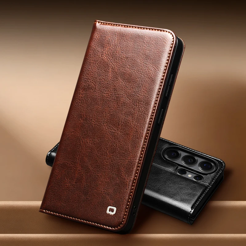 Qialino Genuine Leather Flip Case For Samsung Galaxy S26 25 24 23 S22 S21 Ultra Plus Handmade Phone Cover With Card Slots