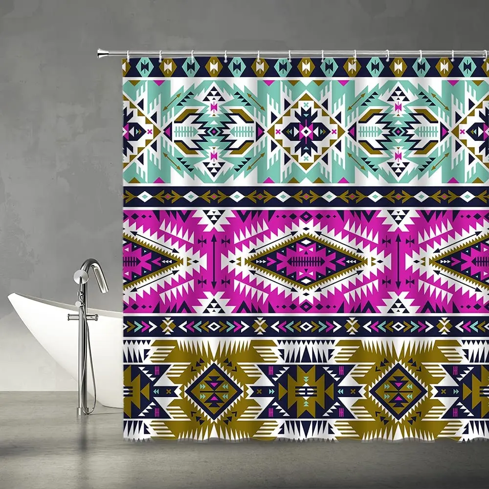 Vintage Geometric Shower Curtain Southwestern Tribal Navajo Native  Ethnic Colorful Triangular Fabric Bathroom Decor with Hooks