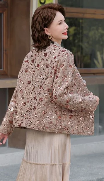 New Stylish Chic Long-sleeved Cardigan Top Sequined Autumn For Middle-aged Women Goth Jacket Woman Clothes Coat Y2k Aesthetic