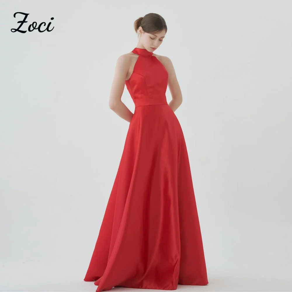 

Zoci Classic Halter Красные длинные платья для выпускного вечера Индивидуальное атласное трапециевидное корейское вечернее платье без рукавов Вечернее платье Фотосессия