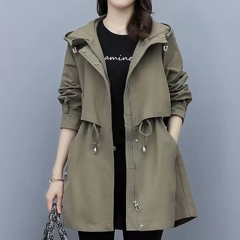 

Spring and Autumn 2023 Women's Mid-length Trench Coat Hooded Zipper Tie-in Jackets British Style Loose Coats Women's Clothing