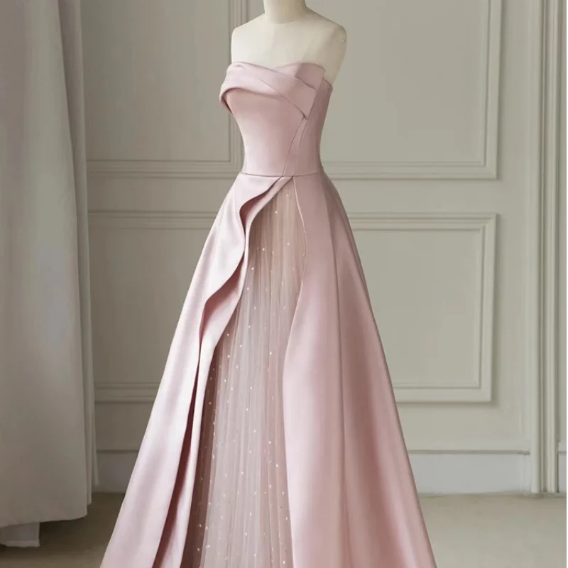 

Celebrity Banquet Dress Exquisite Patchwork Mesh Robe De Soiree Pink Strapless Evening Party Dress Qipao Cheongsam Maxi Dress