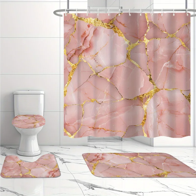

4pcs Pink Marble Pattern Modern Bathroom Decoration, Polyester Bathroom Set with 12 Hooks, Bathroom Non-slip Floor Mat, Toilet