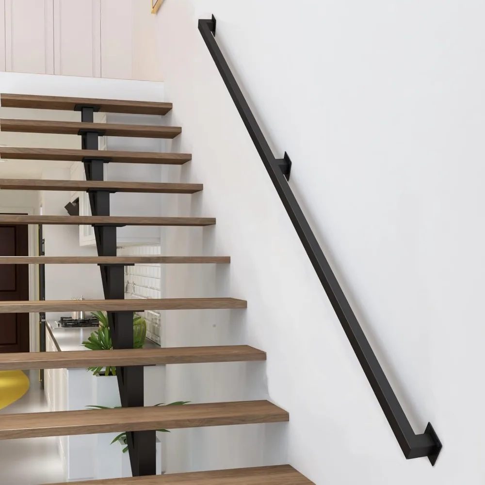 درابزين الدرج الداخلي - درابزين حديد أسود لسلالم 5 أقدام، مثبت على الحائط الصناعي، سعة تحميل 500 رطل #4