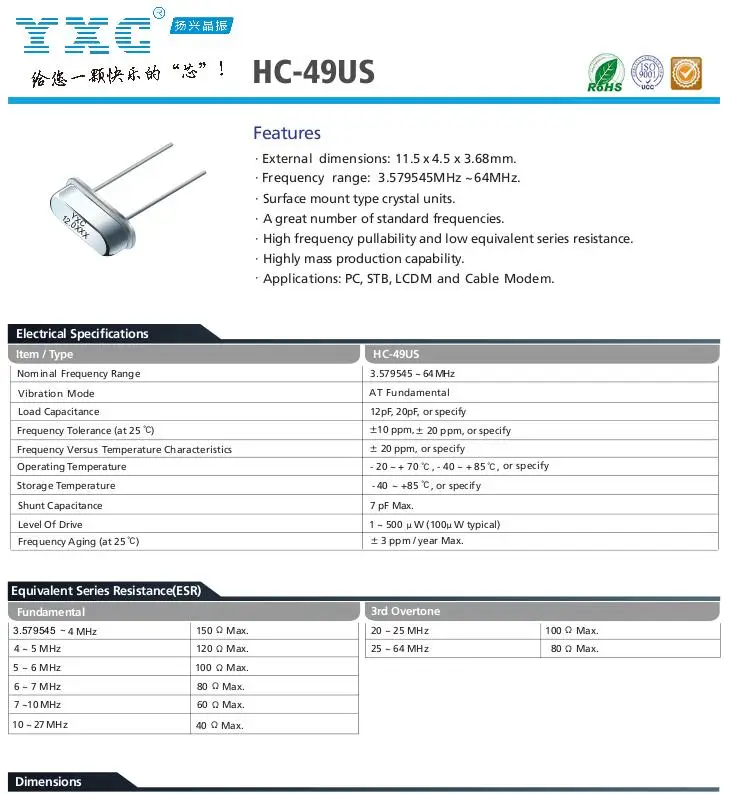 

100pcs/lot HC-49S 49S 2 YXC X49SD8MSD2SC 20PF 20PPM chips Electronic new