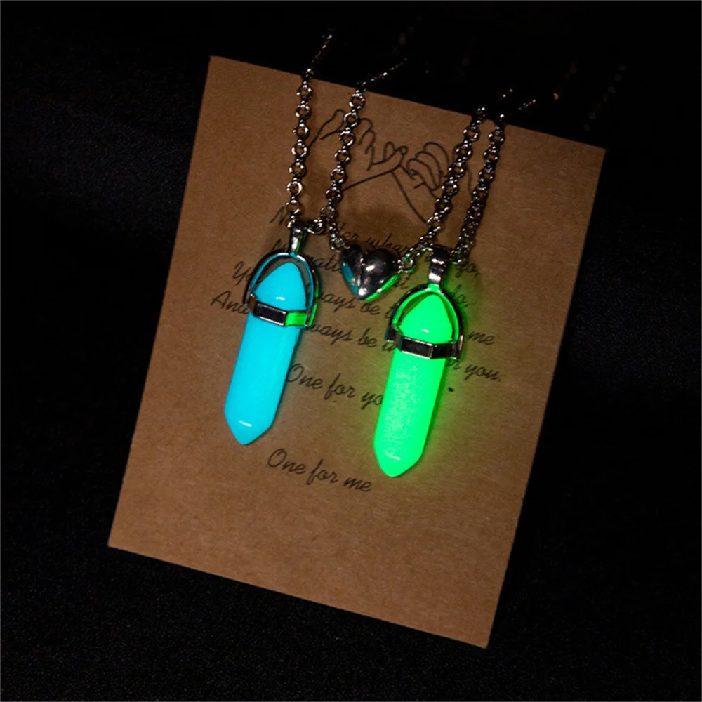 2PCS Luminous Hexagonal Column Couple Magnetic Necklace for Women Romantic Natural Stone Geometric Pendant Necklace Jewelry Gift