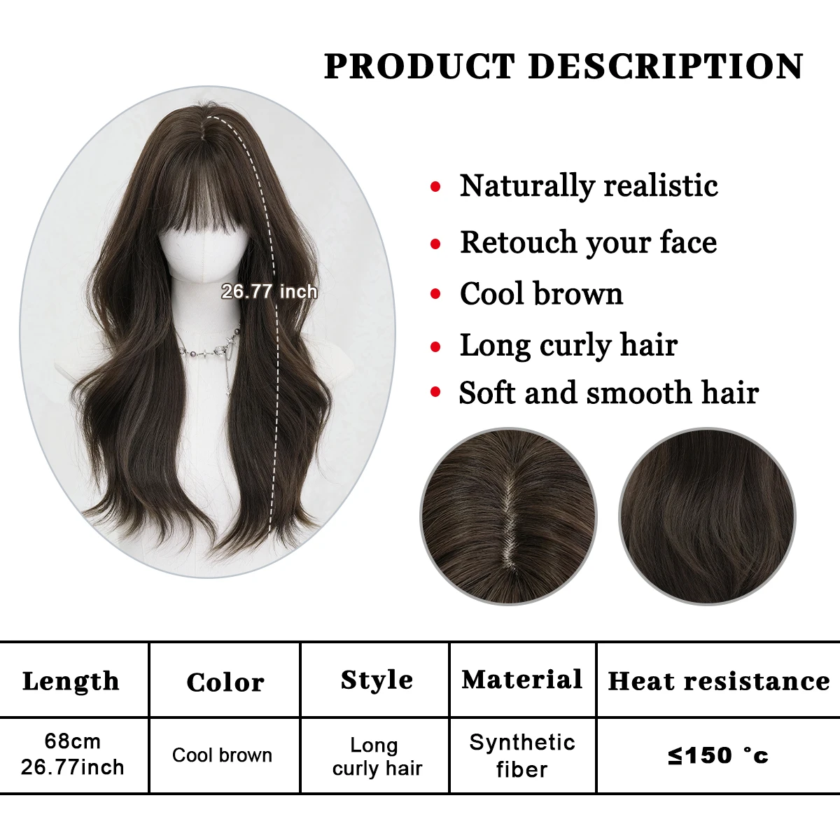 Picture 7: PARK YUN Long Wavy Brown Wigs For Women 26 Inch Wig With Bangs Natural Looking Synthetic Fiber Fashion Wig For Girl Daily Party
