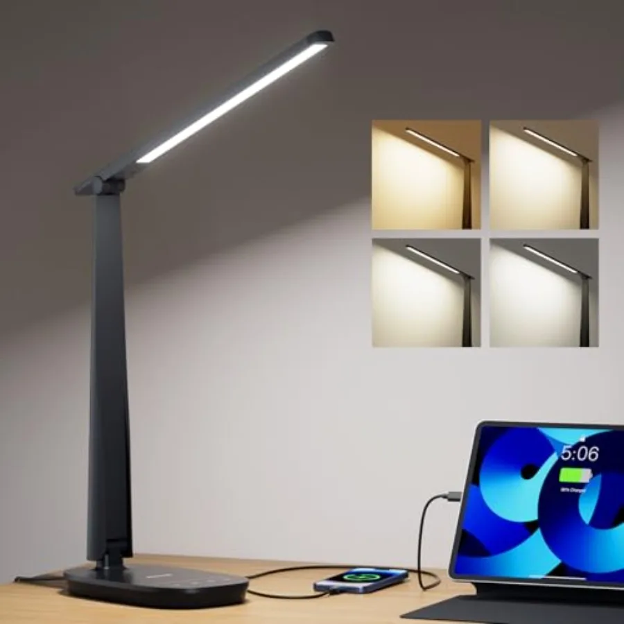 LED Desk Lamp for Home Office, Eye-Caring Dimmable Reading Light with 4 Color Modes, Touch Control, USB-A and USB-C Charging Po