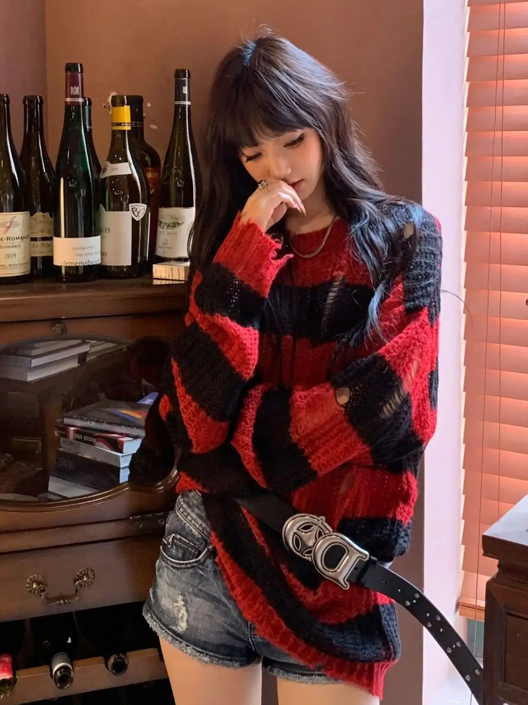 

Women's Ound Neck Striped Knitted Sweater Autumn New Item Christmas Atmosphere Young Girls' Top Female Long Sleeved Thin T-shirt