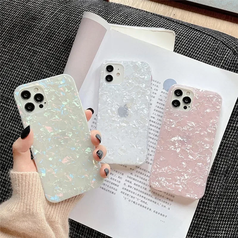 Glitter Dream Shell Marble Phone Case For iPhone 13 Pro 12 11 Pro Max XR XS Max 15 14 Plus Conch Pattern Soft IMD Silicone Cover