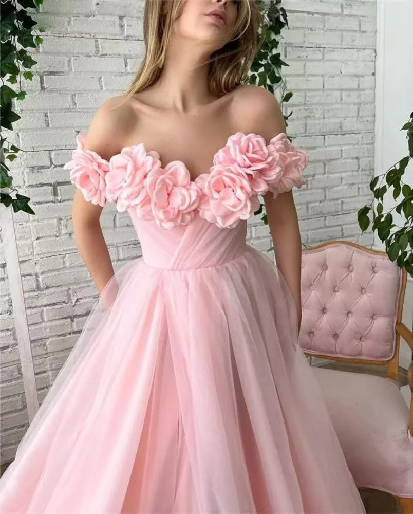 Tule flor rosa vestidos de formatura com flores artesanais plissados lado split até o chão vestido de noite elegante festa de formatura vestidos