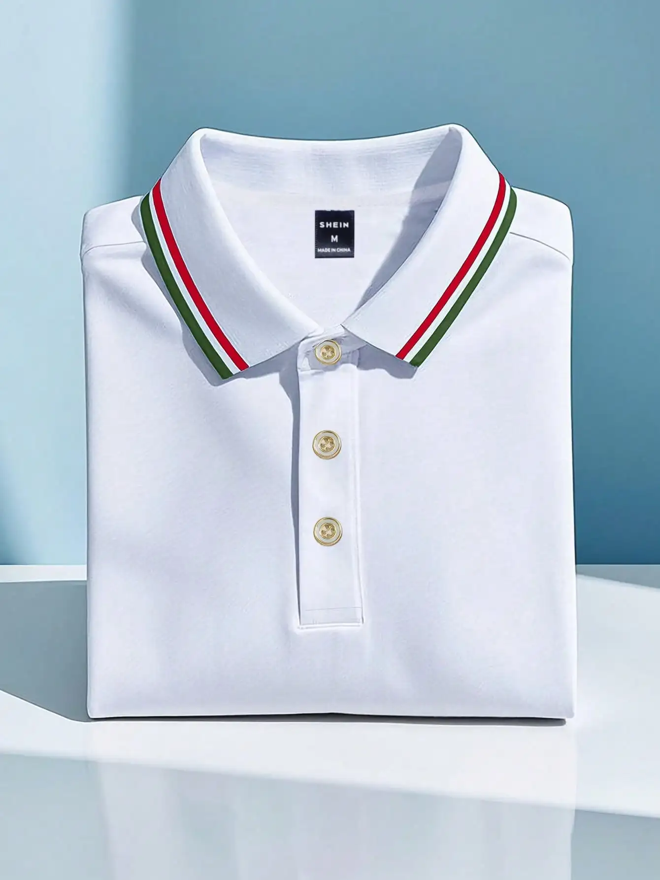 

Men's White Casual Short Sleeve Polo Shirt with Striped Collar and Gold Buttons