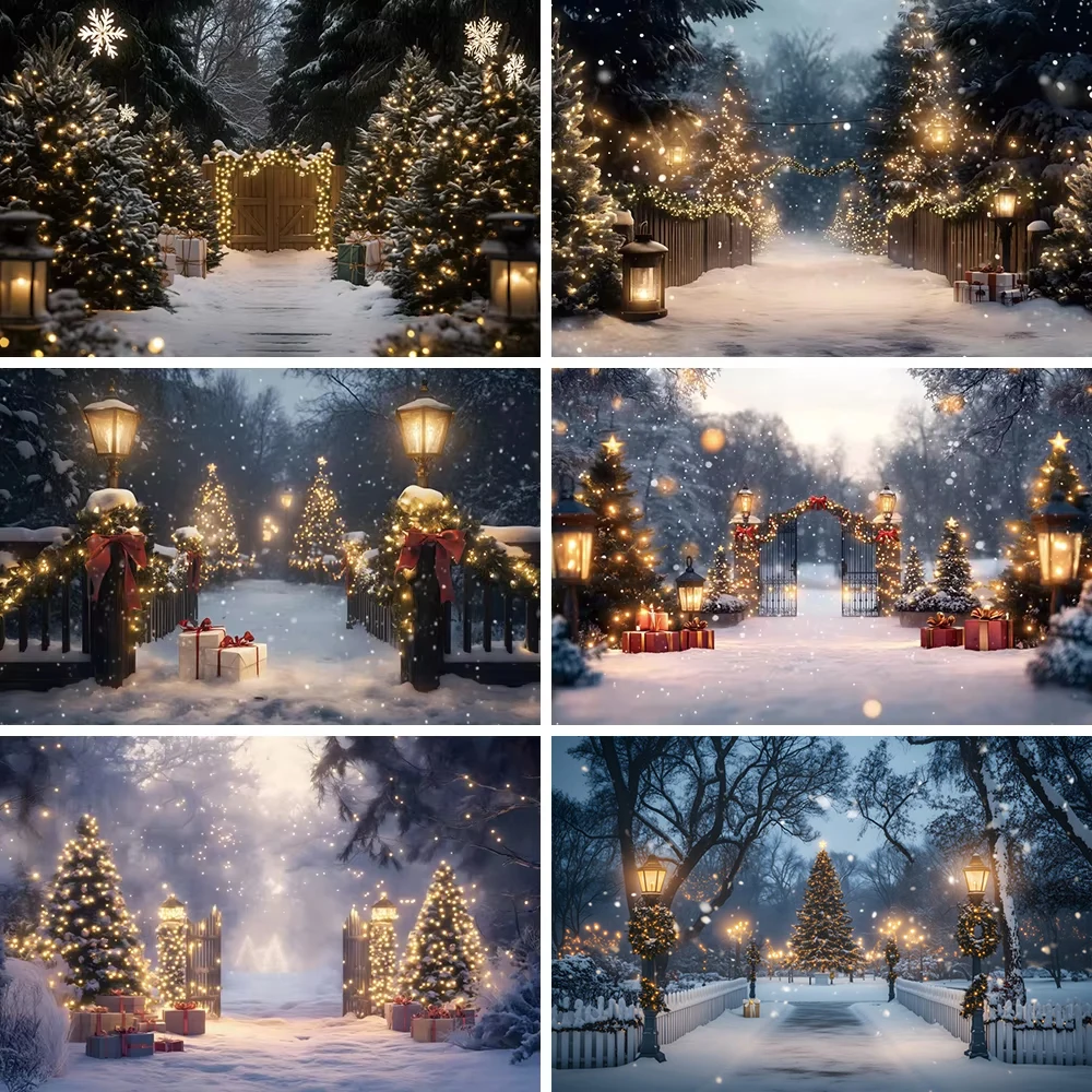 Winter Snowy Streetlight Background Christmas Snowflake Xmas Tree Children Family Portrait Photography Backdrop Photo Studio