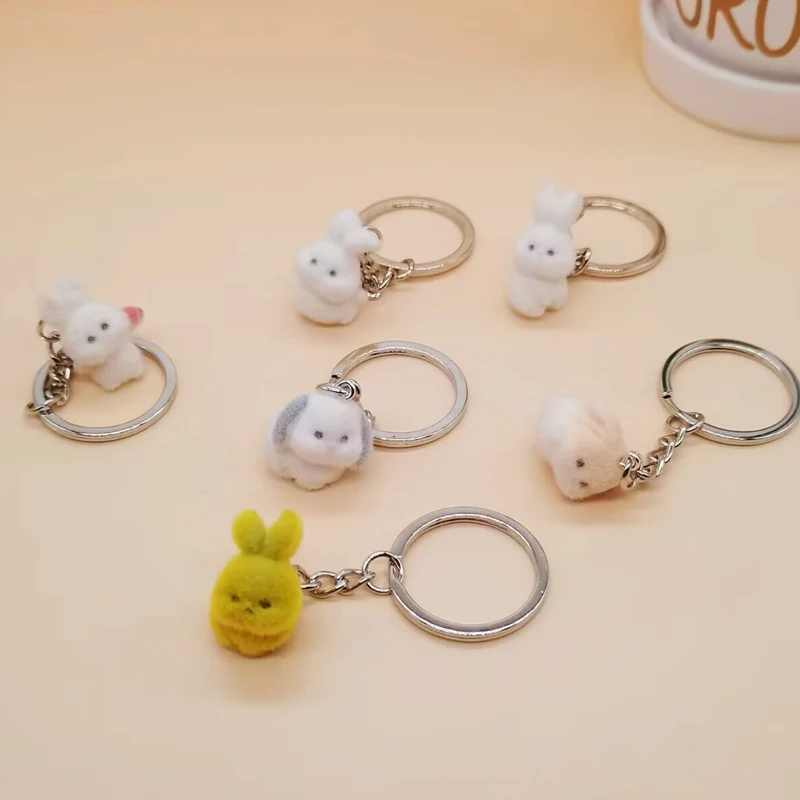 1Pcs Cute Animal KeyRing Lovely Flocking Rabbit Puppy Keychain Keys Accessories DIY Pendant Easter Gift For Adults Kids Gift