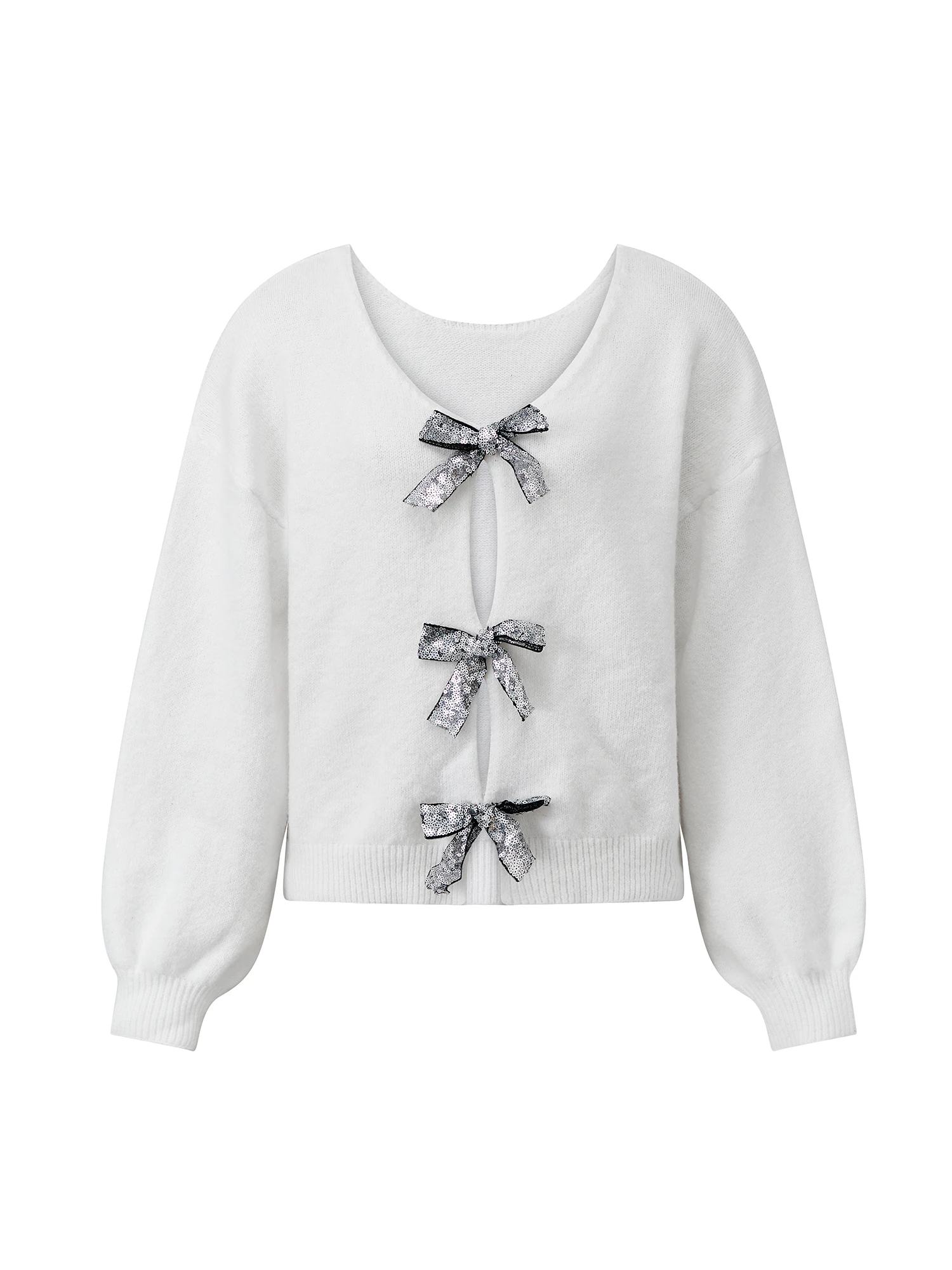 

Women s V Neck Sweaters Glitter Sequin Bow Long Sleeve Solid Color Knit Tops Pullovers