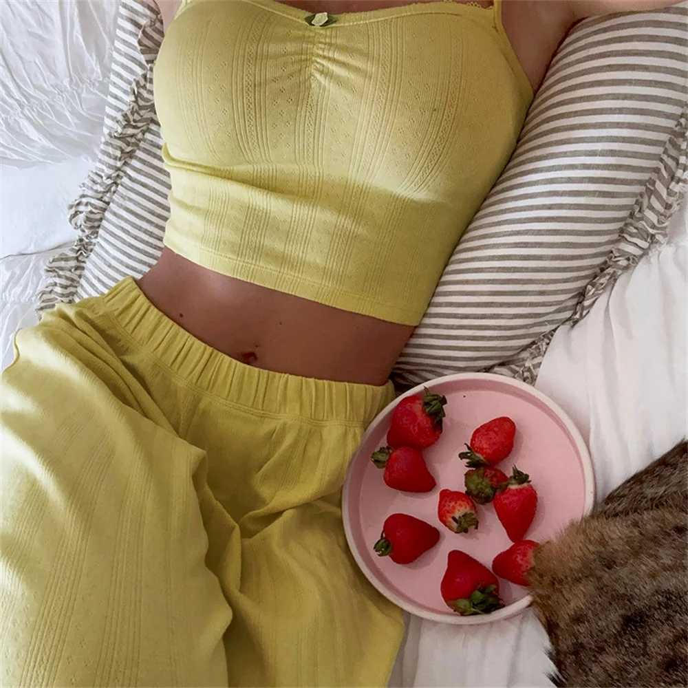 Casual Knit Long Pants Suits Summer Crop Top Vest With Wide Leg Pants Two Piece Sets Women Home Pink Sleepwear Female 2025 3