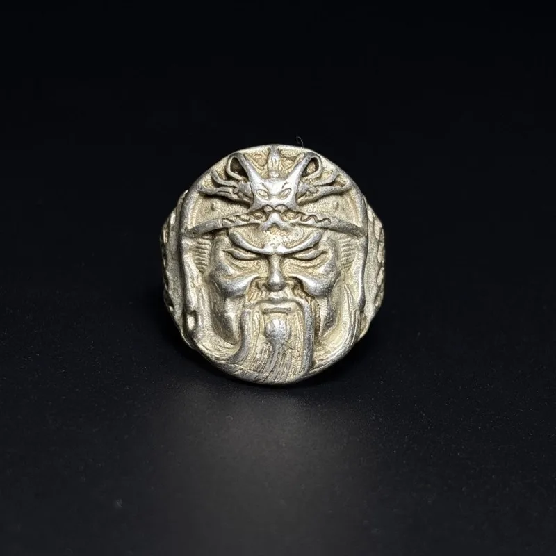 Vintage Carved Guan Gong God of Wealth Ring, Tibetan Silver Adjustable Open Thumb Ring, Folk Antique Men's Jewelry