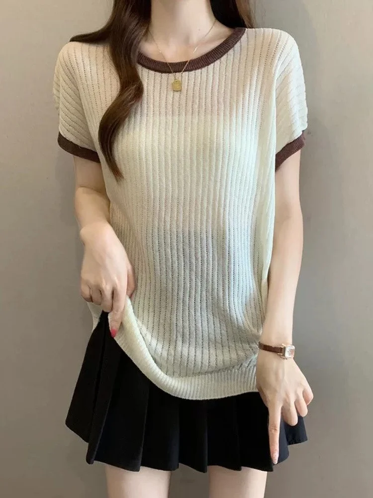 Summer New Style Women's Knitted Short Sleeve T-shirt Slim Fit Shoulder High Waist Commute Fashion Korean Loose Style Top
