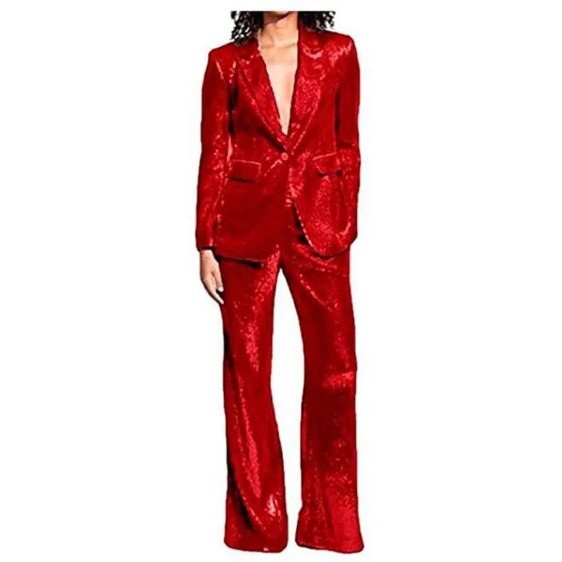 Ladies Sequin Fashion Suit Single Button 2 Pieces Wedding Tuxedo Suit Pants Prom Party Suit Causal Sets Office Sets