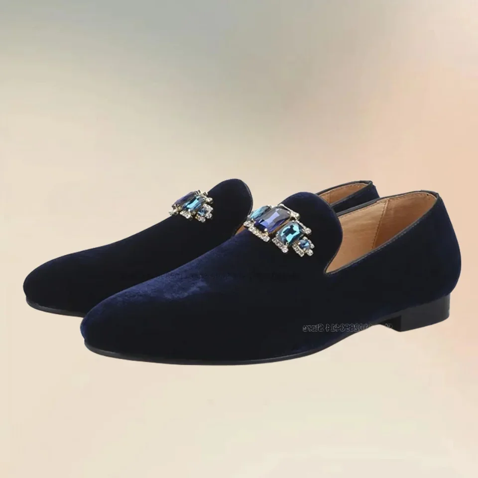 

Mixed Color Crystal Decor Blue Flock Loafers Fashion Comfort Slip On Men Shoes New Novel Handade Party Wedding Men Casual Shoes