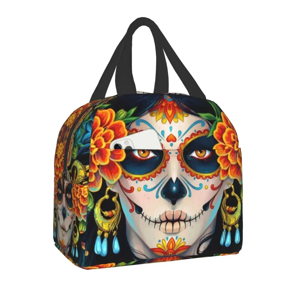 

Day Of The Dead Sugar Skull Insulated Lun Bags for Sool Office La Calavera Catrina Warm Cooler Thermal Box Women Kids