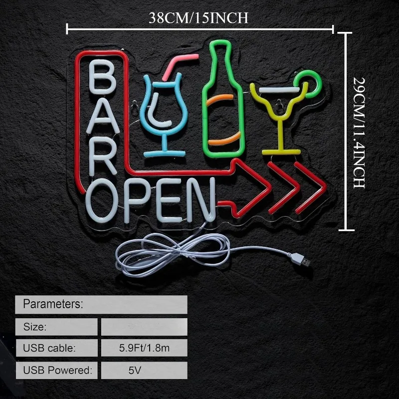 BAR OPEN Cocktail Neon Sign USB Dimmable LED Hanging Light for Pub Bistro Decor Wedding Cocktail Party Home Basement Lounge Gift