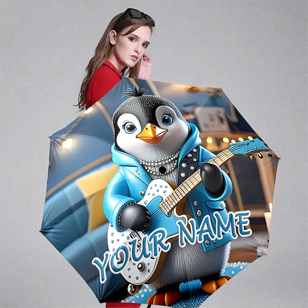 Custom Name Umbrella Stylish Penguin Playing Guitar - Personalized Umbrella Design Portable Folding Umbrella,Christmas Gift