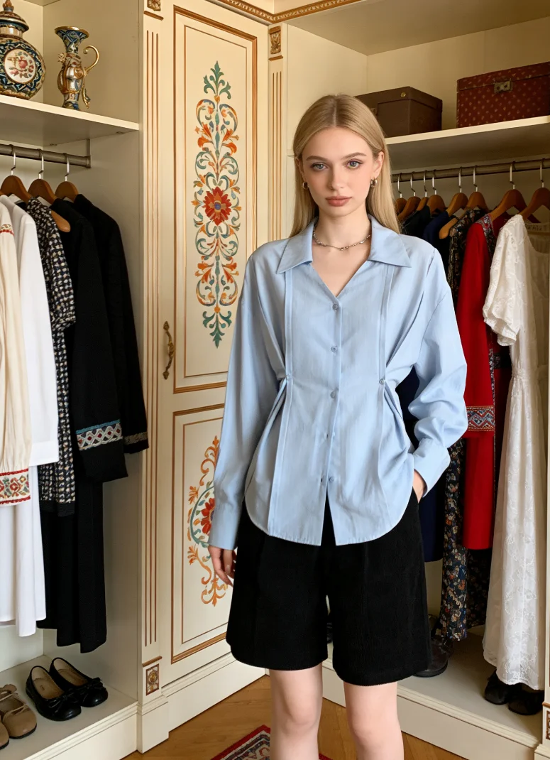 Women\'s Maillard Blue American Vintage High Street Formal Dress Waist Shirt Design Sense Lapel Spicy Girl Button Shirt Top
