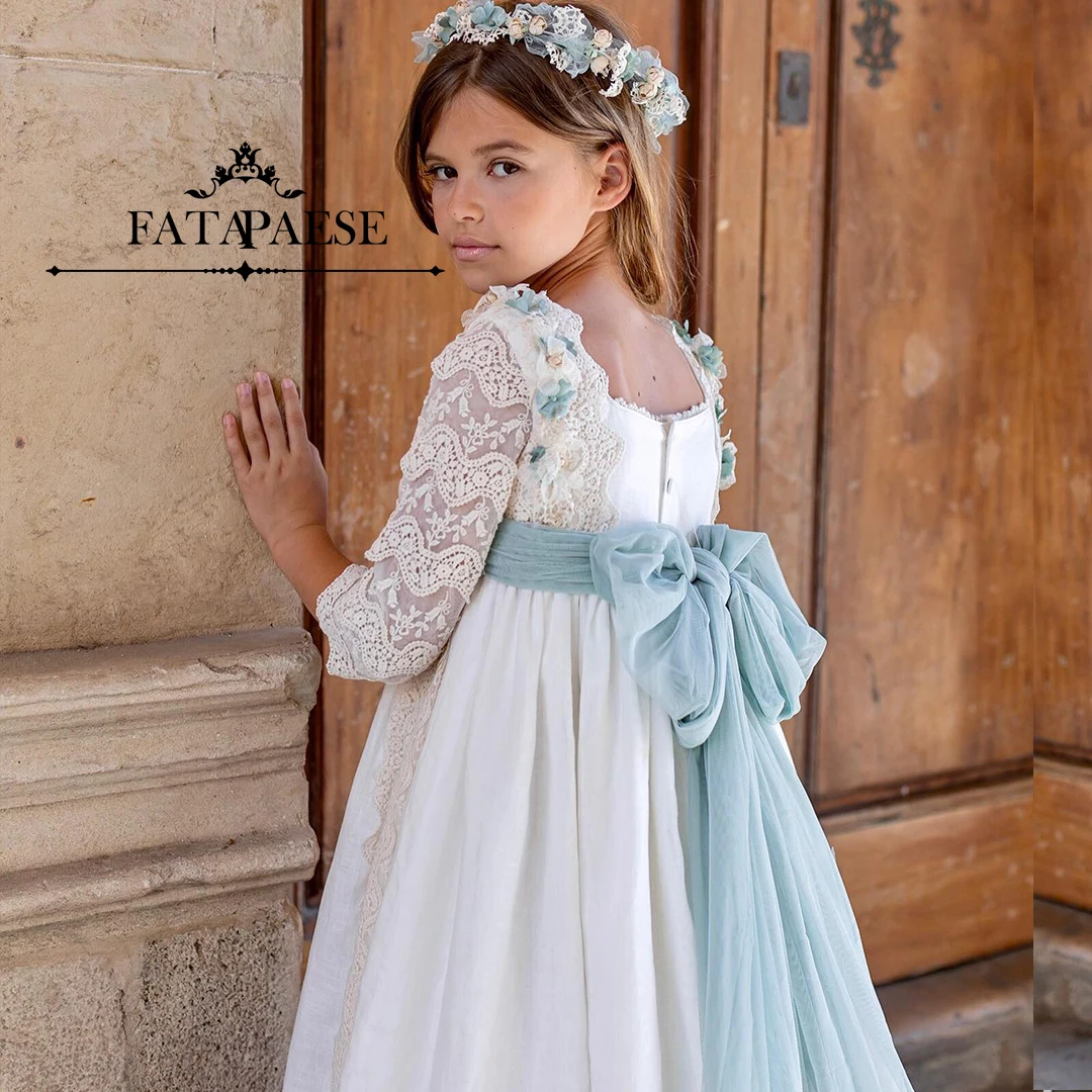 FATAPAESE Customized Fairy Flower Girl Dress Communion Off with Lace the Neckline Sleeves Embroidered Contton A Line Gown Fairy