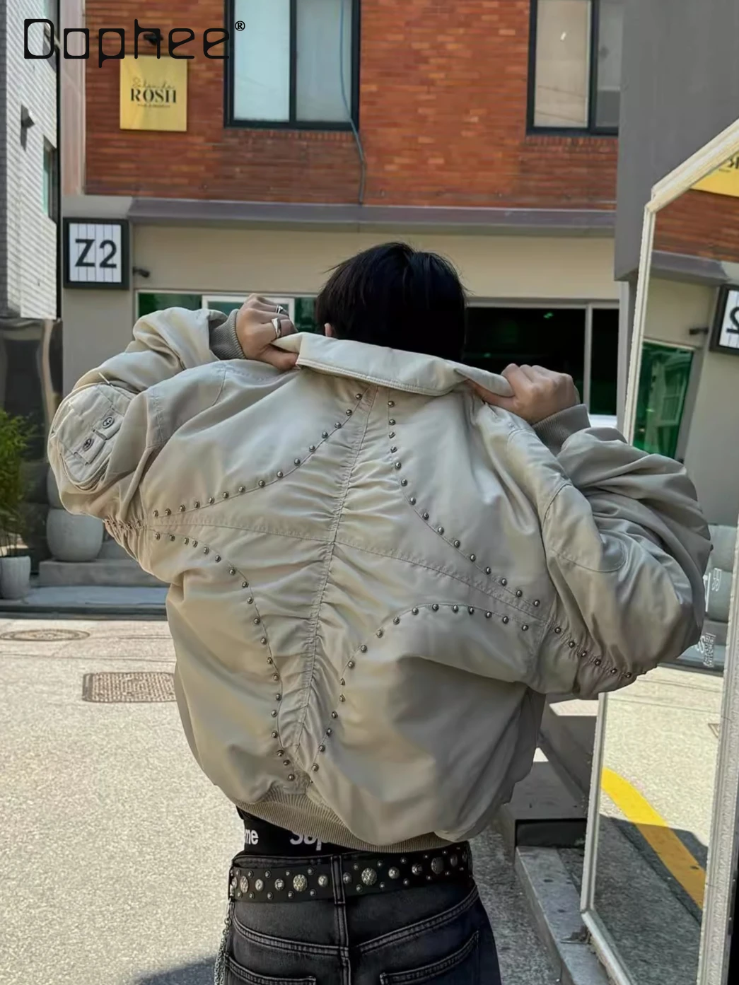 

Korean Trendy Rivet Harajuku Style Baseball Jacket Thickened Coat American Street Personality Heavy-duty Loose Casual Jackets