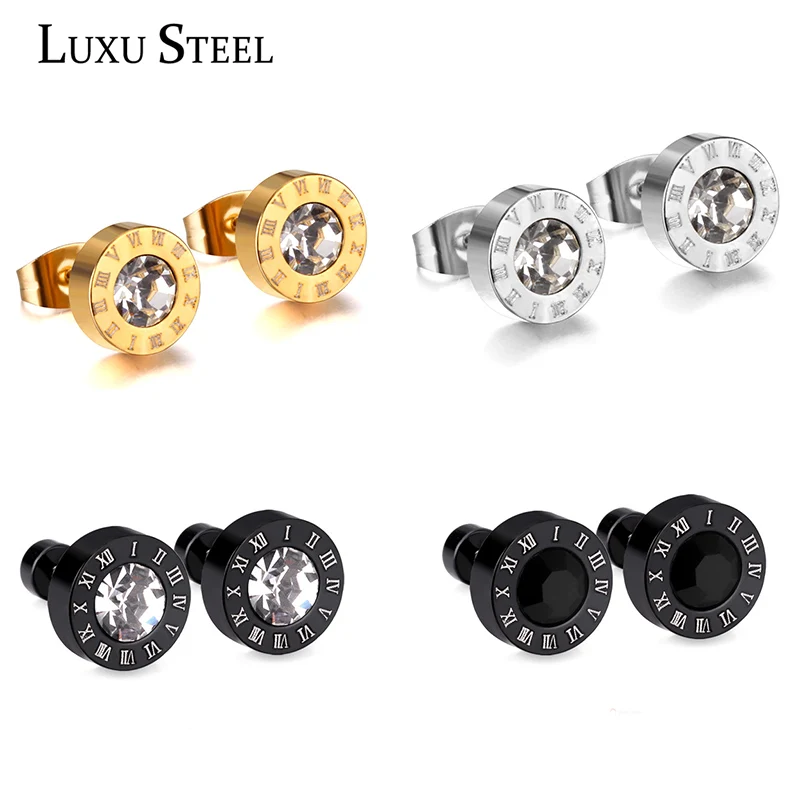 LUXUSTEEL Stainless Steel Acrylic Crystal Stud Earrings for Women Men Punk Roman Number Clear Black CZ Bling Fashion Ear Jewelry