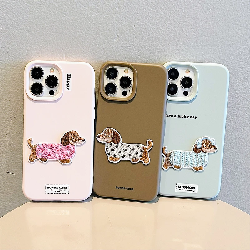 Cartoon Cute Embroidered Sausage Puppy Case For iPhone 16 Pro Max 15 13 14 12 16 Plus Lovely Dog Soft TPU Back Cover