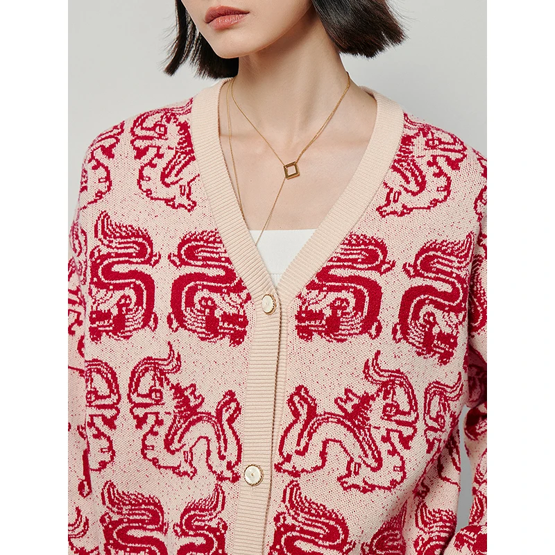 Toyouth Women Knit Cardigan 2024 Spring Long Sleeve V Neck Loose Sweater Dragon Year Customized Jacquard Fashion Red Outwear