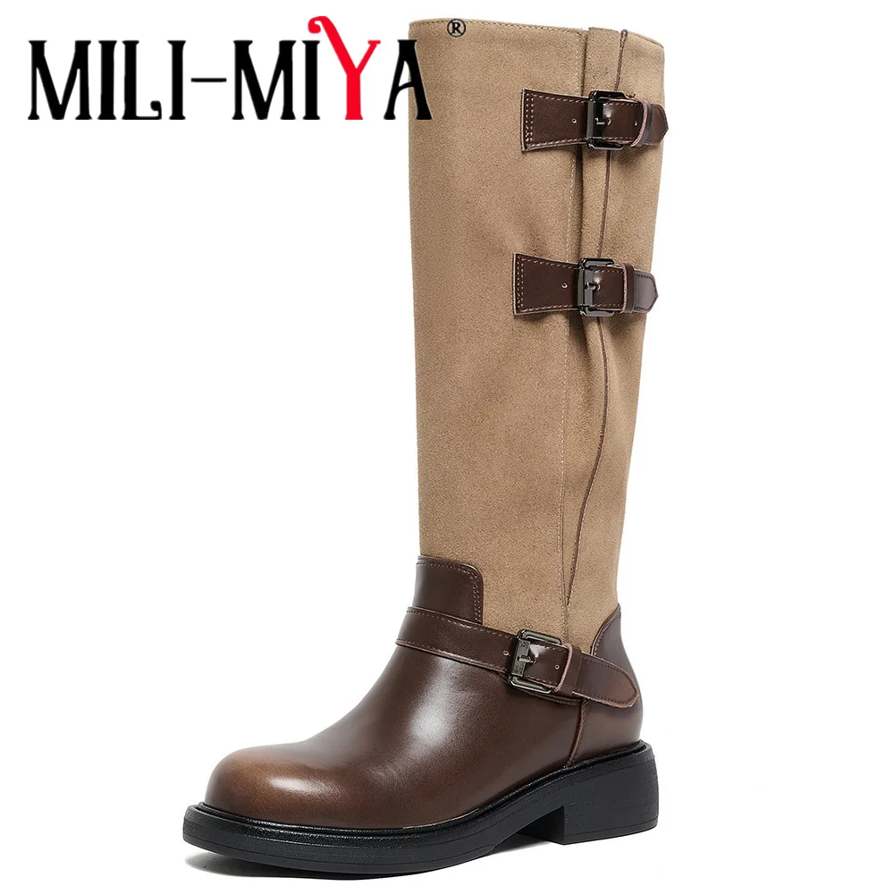 MILI-MIYA Women Classics Quality Knee-High Boots Women Belt Buckle Slip On Patchwork Round Toe Thick Heels Commuter Casual Shoes