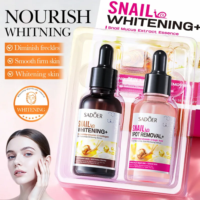 Set de 2 Sueros Faciales Blanqueadores con Niacinamida y Extracto de Caracol SADOER, Antiarrugas, Hidratante, Antienvejecimiento, Esencia Facial Iluminadora