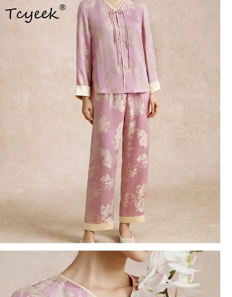 

Tcyeek, 19.5MM 50%Mulberry Silk Pajamas Set, Women Long Sleeve Top Pants, Vintage Sleep Home Clothes, Summer Fall S48308QC