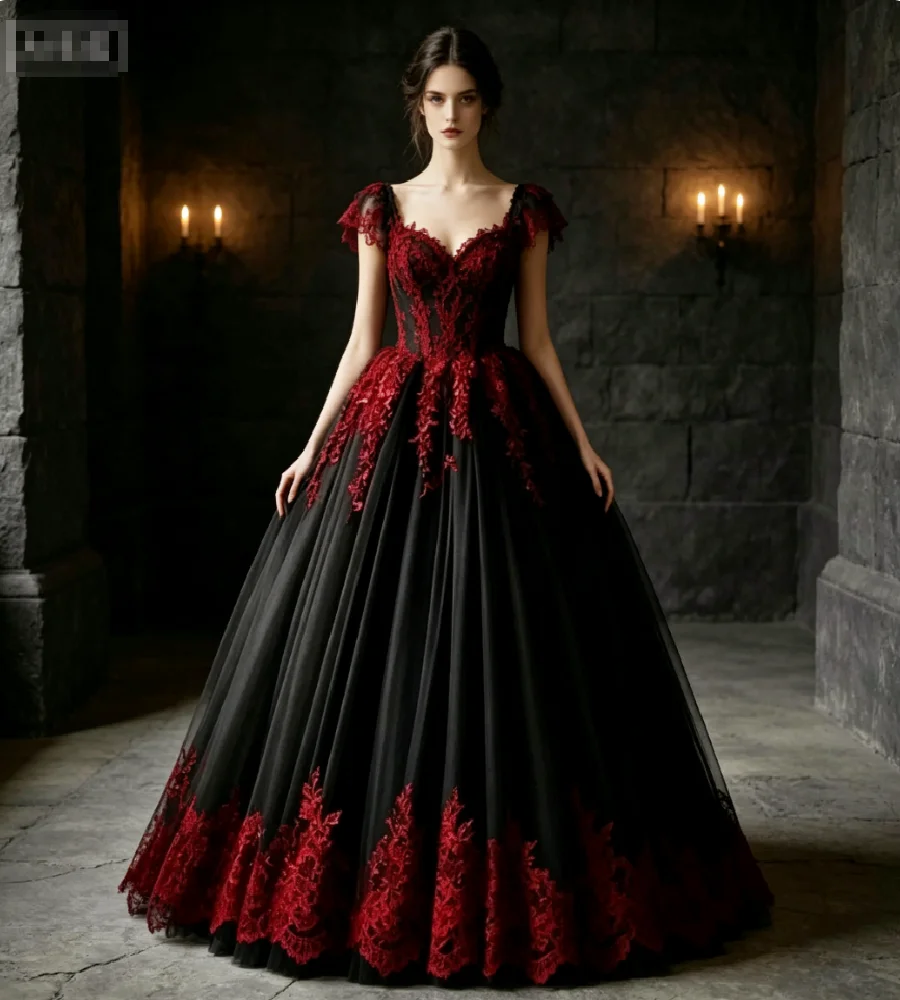 Cap Sleeve Gothic Black Red Wedding Dress A Line Tulle Appliques Lace Vampire Halloween Victorian Bridal Gowns Alt Bohemian