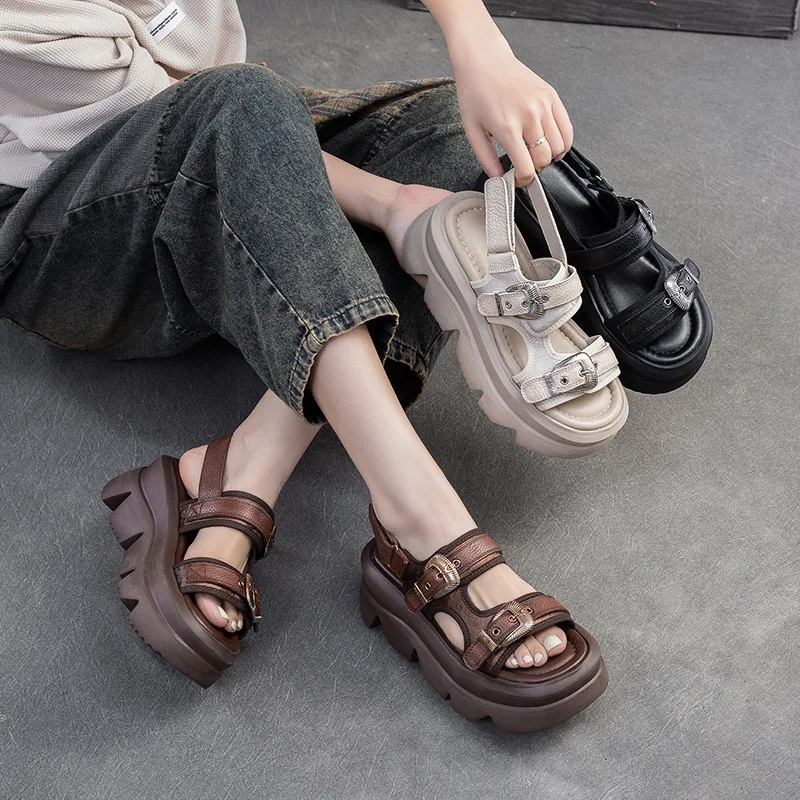 Thick sole Height raised Adjustable first-class cowhide genuine leather shoes casual sandals Wedge Heel light soft